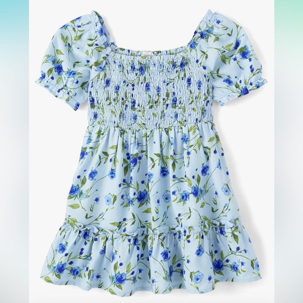 The Children’s Place Girls’ Smocked Bodice Short Sleeve Floral Dress Blue 5-6